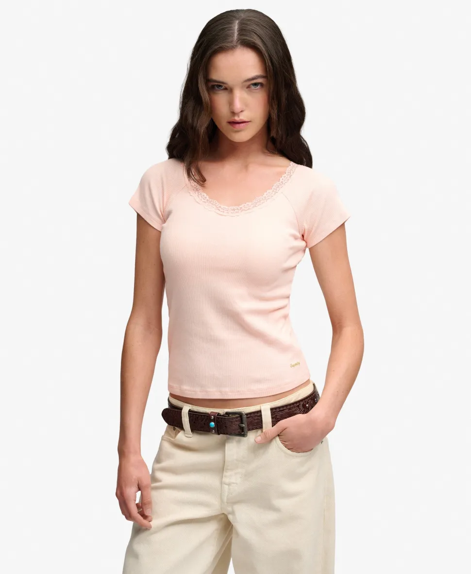 Athletic Essential Lace Trim V-Neck T-Shirt