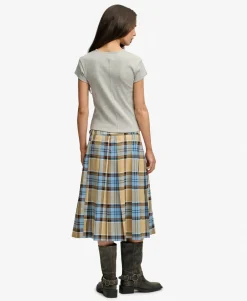 Check Pleated Midi Skirt