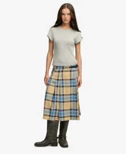 Check Pleated Midi Skirt
