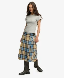 Check Pleated Midi Skirt
