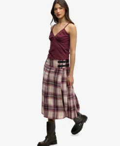 Check Pleated Midi Skirt