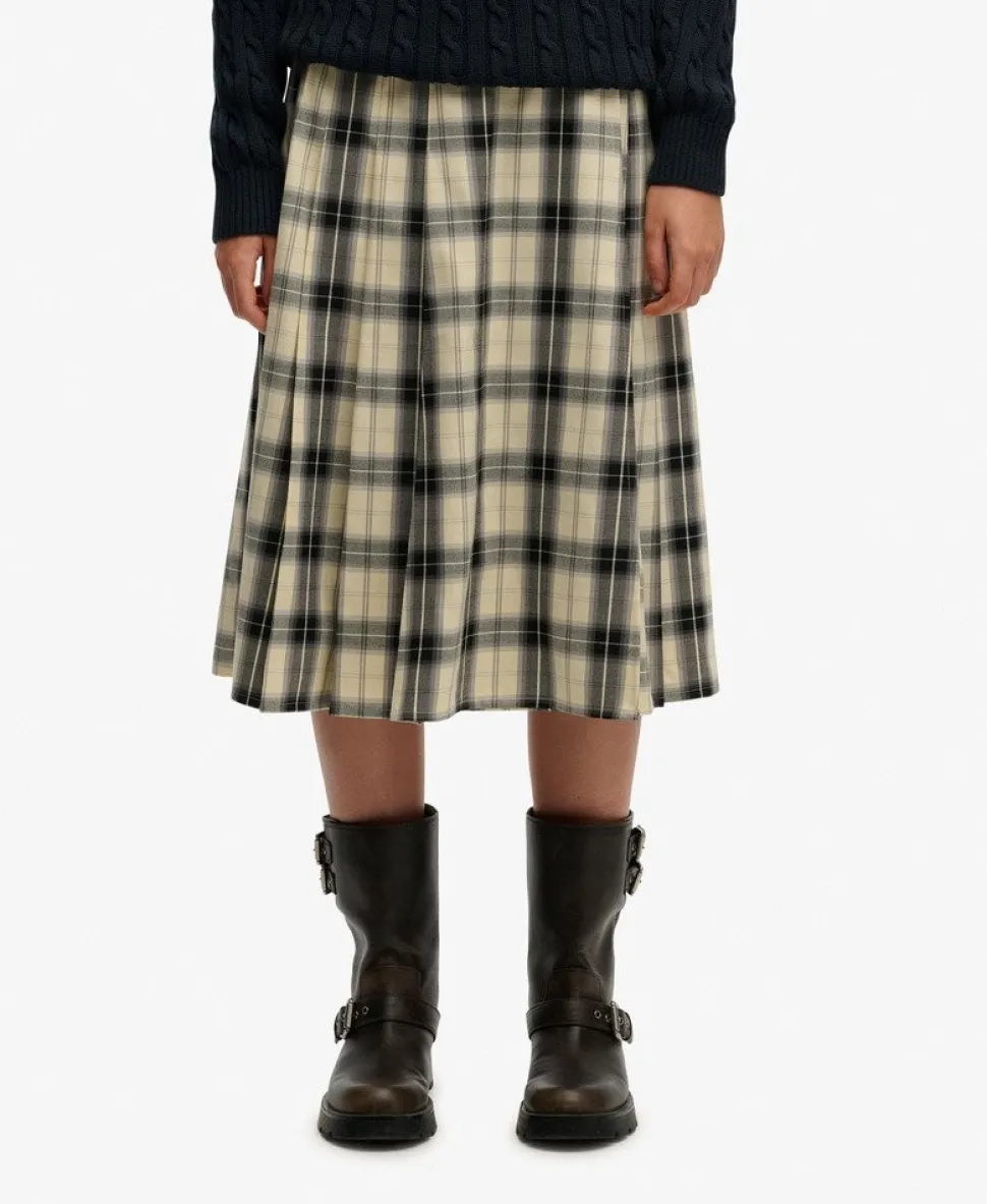 Check Pleated Midi Skirt