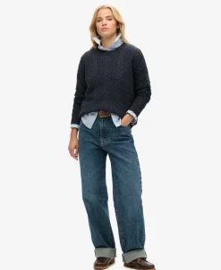 Dropped Shoulder Cable Knit Crew Neck Jumper