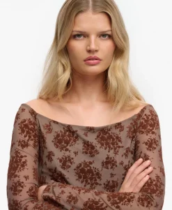 Flocked Mesh Long Sleeve Top