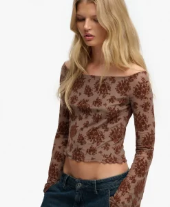 Flocked Mesh Long Sleeve Top