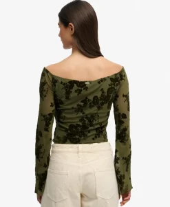Flocked Mesh Long Sleeve Top