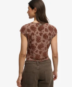 Flocked Mesh Short Sleeve Top