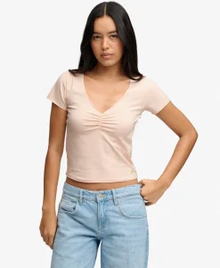 Gathered V-Neck Crop T-Shirt