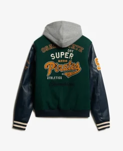 Hooded College Patched Bomber Jacket