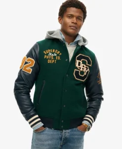 Hooded College Patched Bomber Jacket
