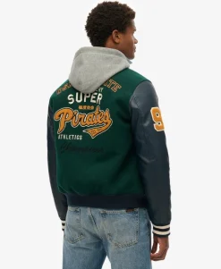 Hooded College Patched Bomber Jacket