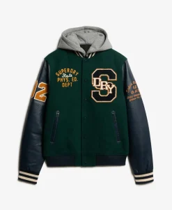 Hooded College Patched Bomber Jacket