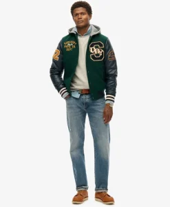 Hooded College Patched Bomber Jacket
