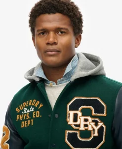 Hooded College Patched Bomber Jacket