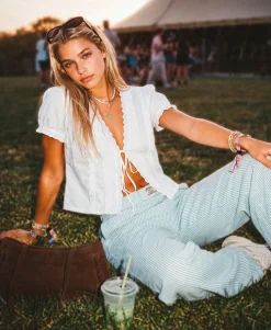 Lace Trim Tie Blouse