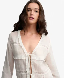 Long Sleeve Lace Tie Front Top
