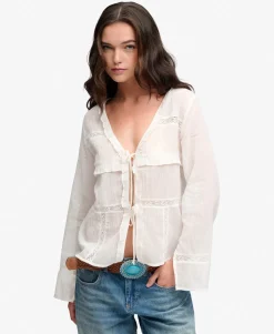 Long Sleeve Lace Tie Front Top