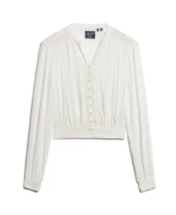 Long Sleeve Lace Trim Smocked Blouse