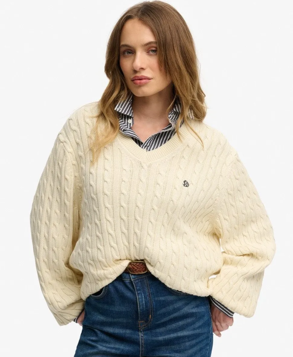 Oversized V Neck Cable Jumper