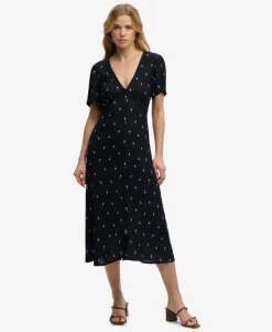 Printed Button Short Sleeve Midi Tea Dress