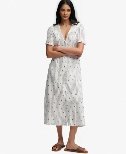 Printed Button Short Sleeve Midi Tea Dress