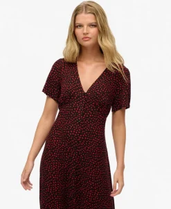 Printed Button-up Short Sleeve Midi Tea Dress