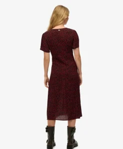 Printed Button-up Short Sleeve Midi Tea Dress