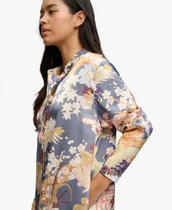 Satin Print Floral Maxi Shirt Dress