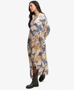 Satin Print Floral Maxi Shirt Dress