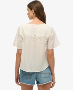 Short Sleeve Embroidered Button Top