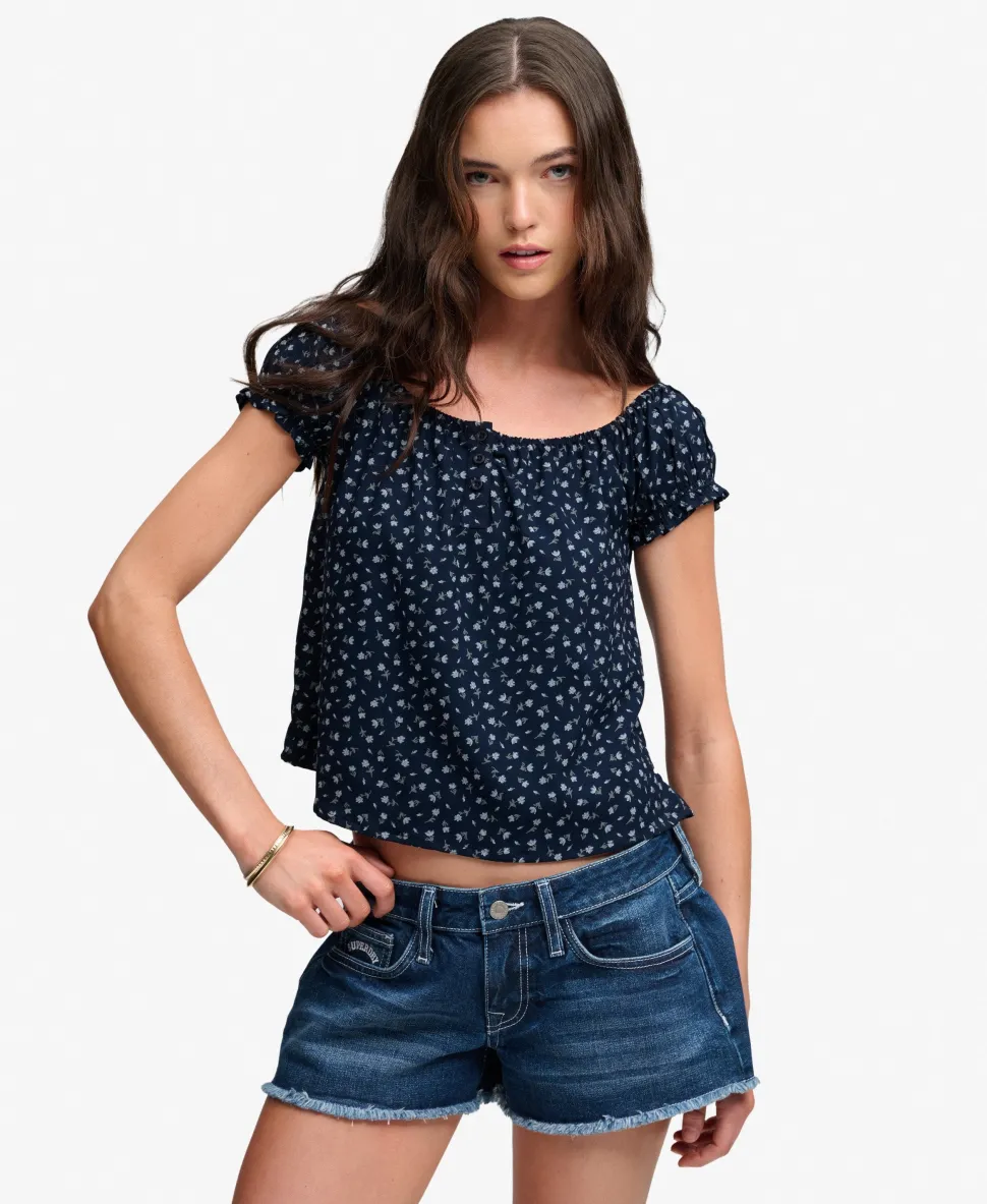 Short Sleeve Half Button Woven Top
