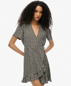 Short Sleeve Printed Mini Wrap Dress