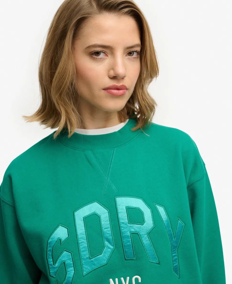 Varsity Satin Applique Crew Sweatshirt